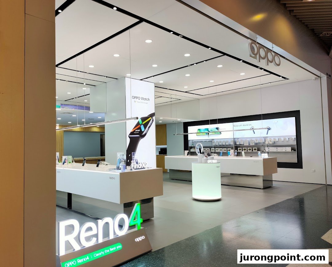 Bright, modern interior of an OPPO Concept Store showcasing smartphones, smartwatches, and accessories.