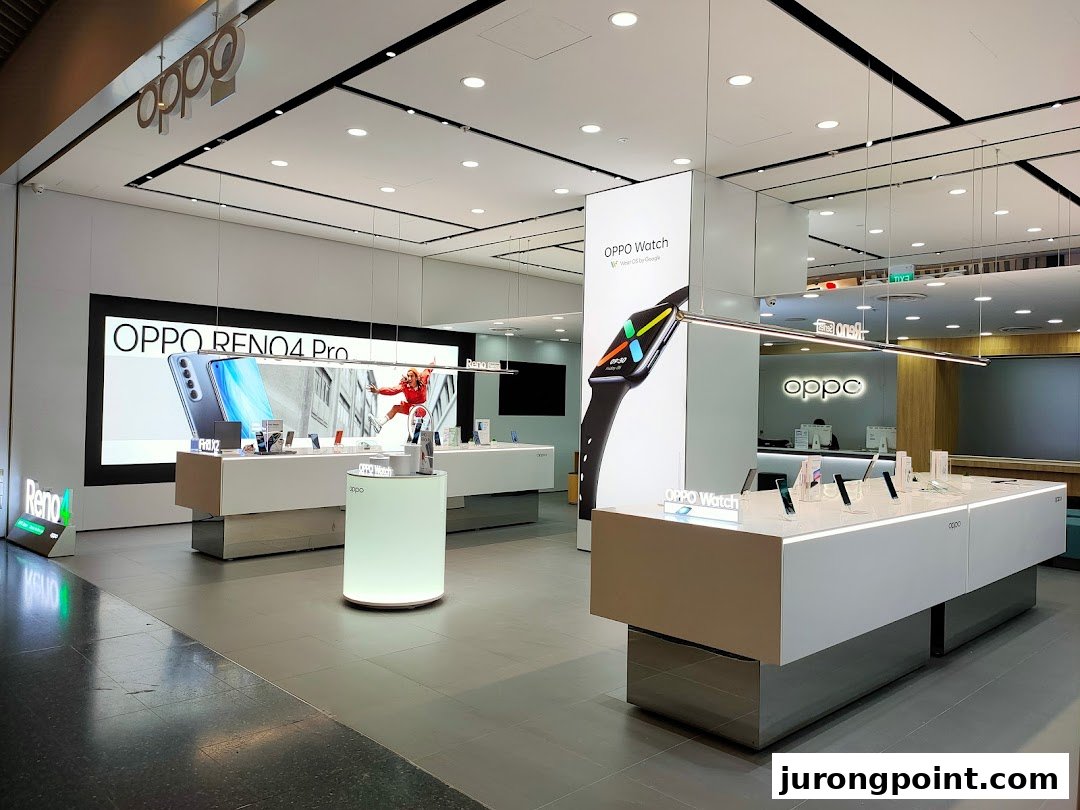 Modern OPPO Concept Store interior showcasing smartphones and smartwatches on sleek displays.