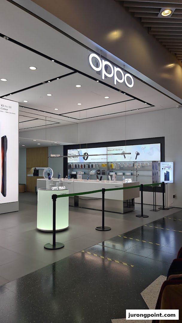 A bright, modern OPPO Concept Store interior showcasing the latest smartphones, smartwatches, and accessories.
