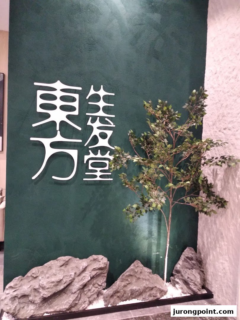 The shop front of Oriental Hair Solutions features a dark green wall with white stylized Chinese characters and natural rock and plant decor.
