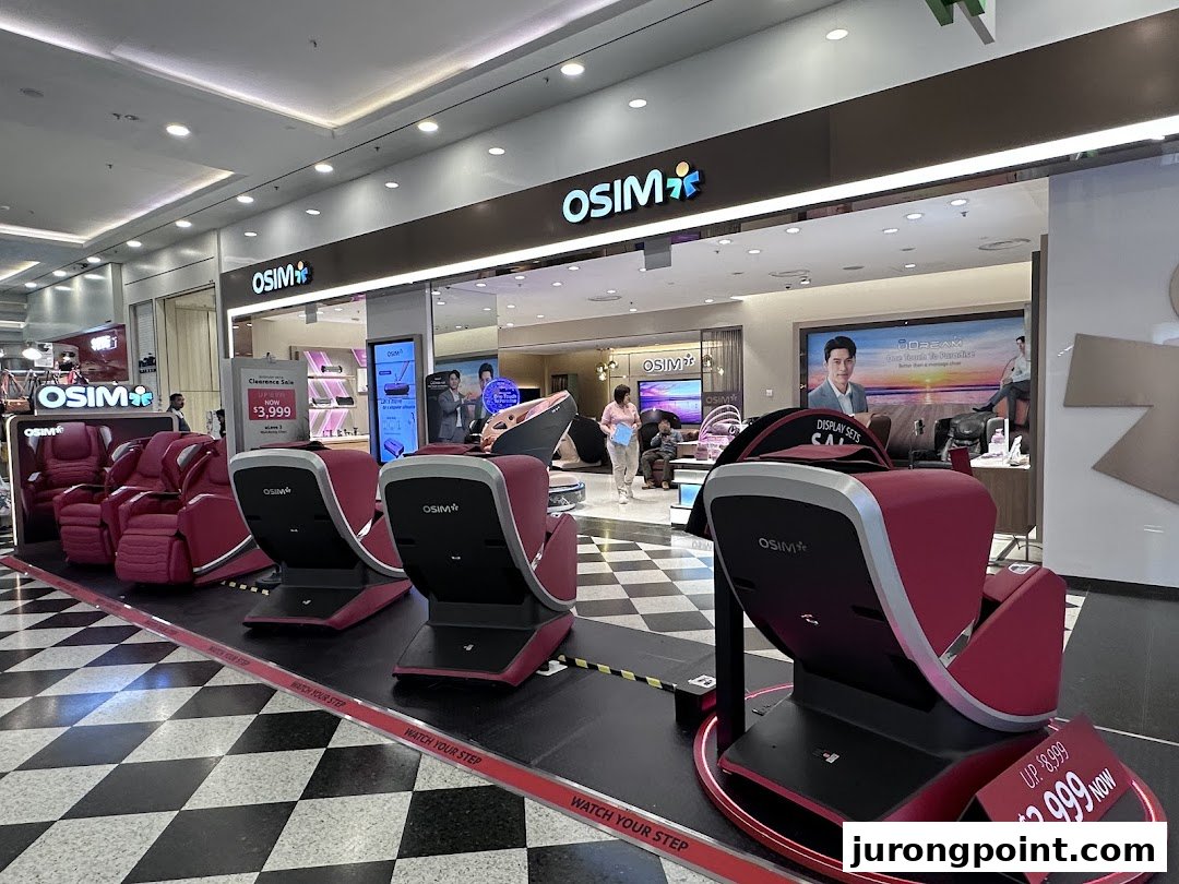 The OSIM store entrance showcasing a range of luxurious massage chairs and wellness products for ultimate relaxation.