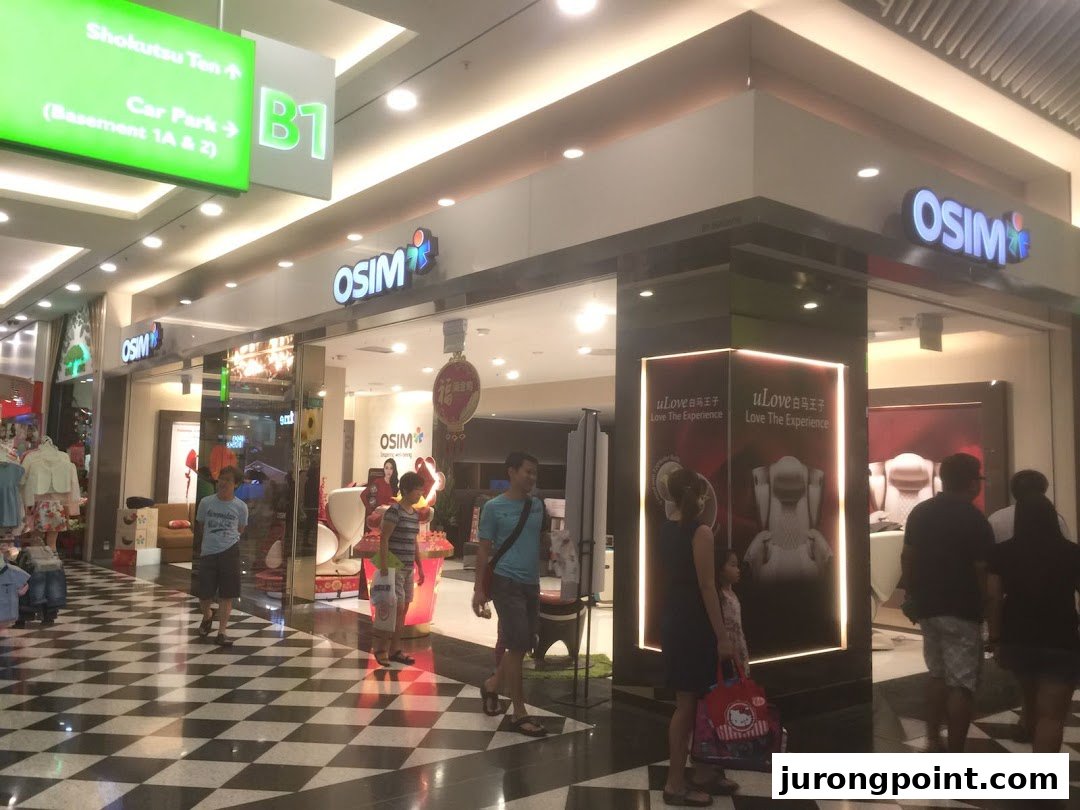 The OSIM shopfront showcases wellness products and massage chairs, inviting mall visitors to experience relaxation.
