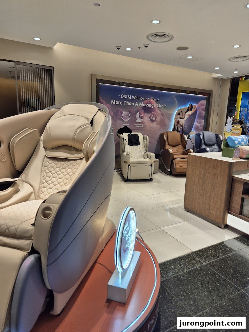 Interior view of an OSIM store showcasing various modern massage chairs and wellness products.