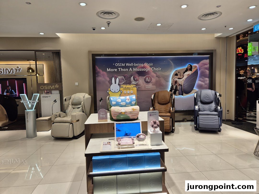 An interior view of the OSIM store showcasing various massage chairs and wellness products.