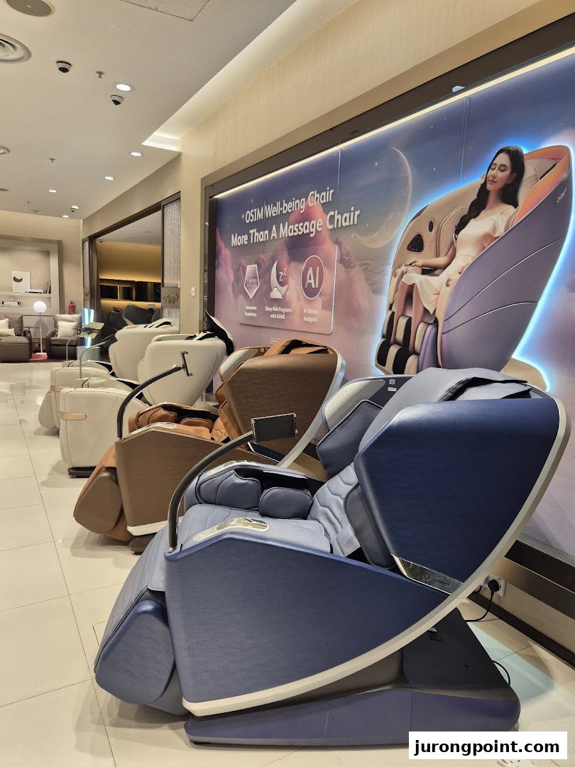 A showroom display of various OSIM massage chairs, highlighting advanced wellness technology.