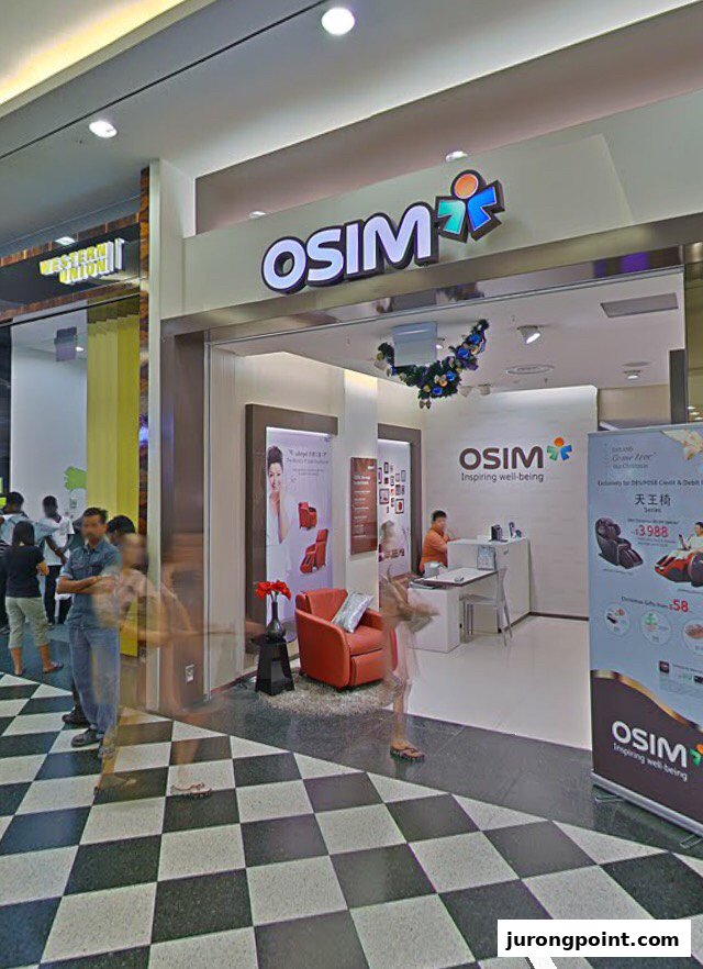 OSIM shop front showcasing its logo, interior view, and promotional displays.