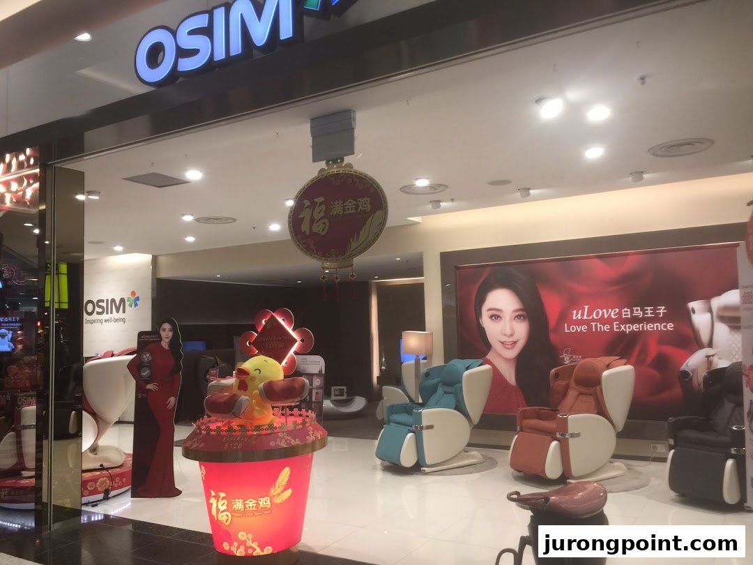 The OSIM store entrance showcasing various massage chairs and wellness products, inviting visitors inside.