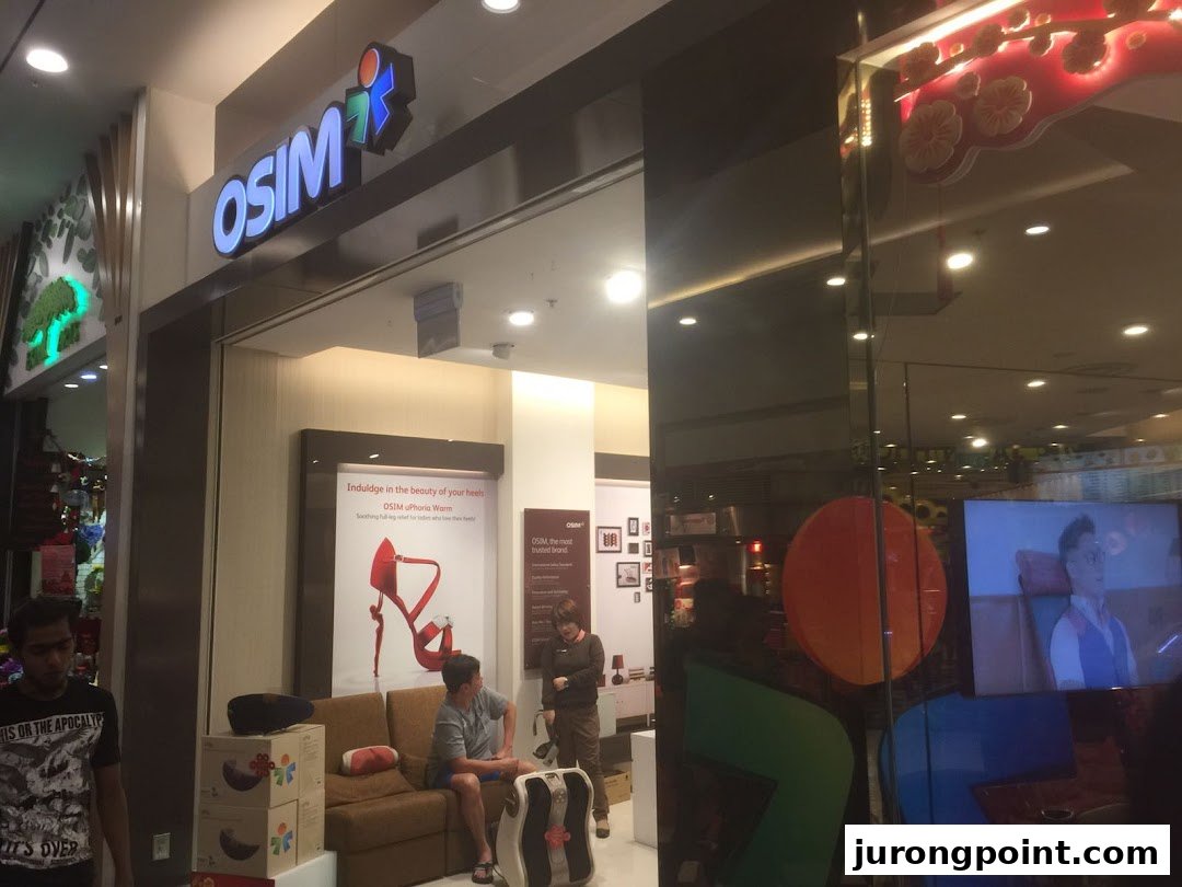 The OSIM shop entrance with its prominent logo, showcasing wellness products and a comfortable interior.