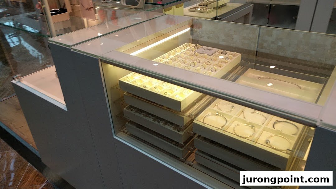 A brightly lit glass display case showcasing a variety of Pandora rings and bracelets.