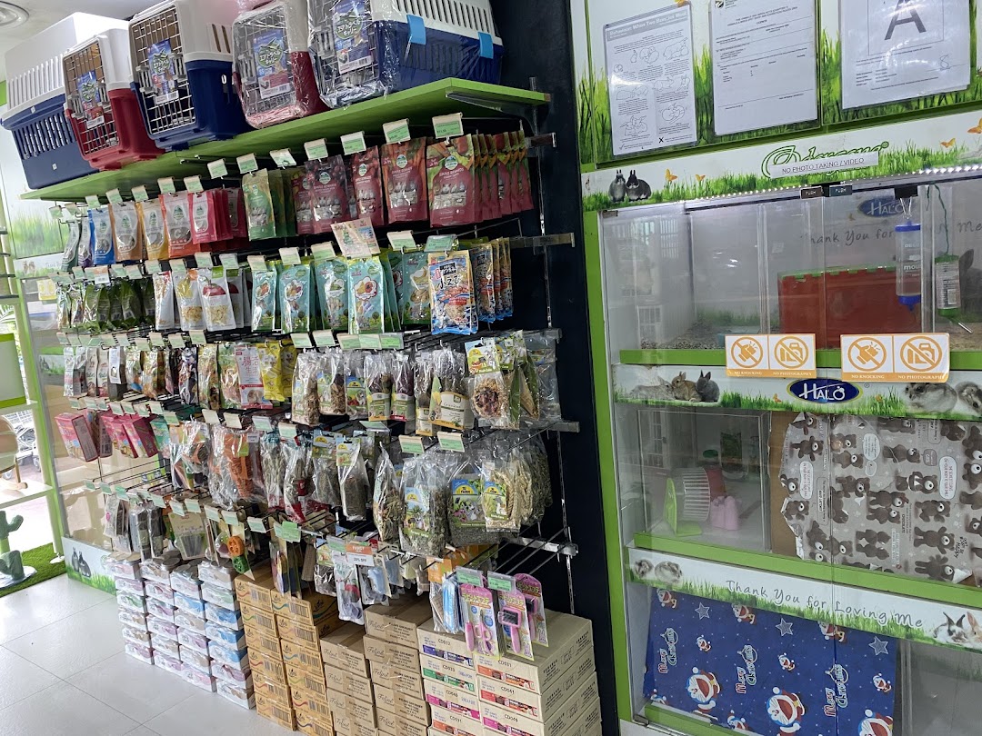 An interior view of Pets Station, showcasing a wide array of pet food, carriers, and small animal enclosures.
