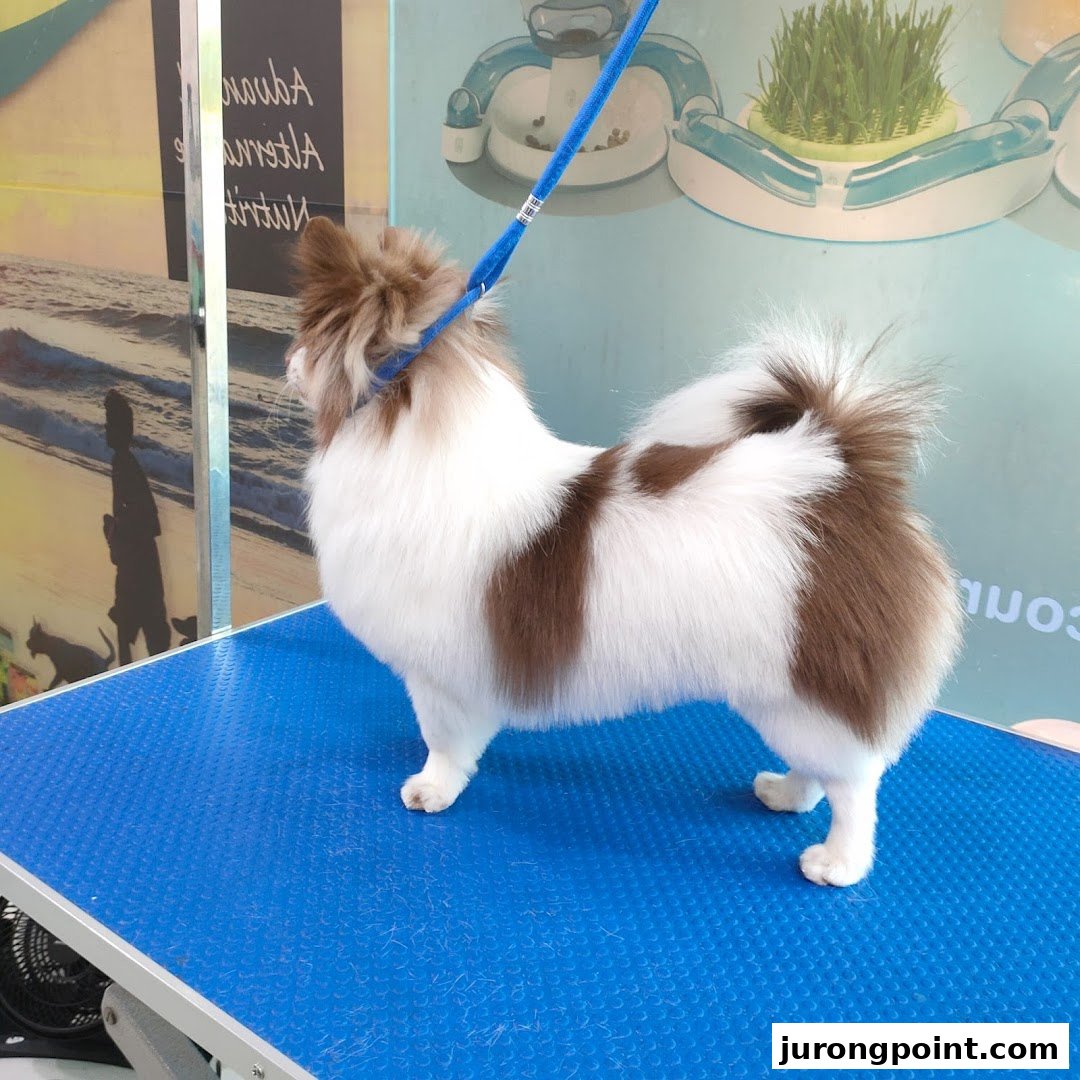 A fluffy brown and white dog stands on a blue grooming table at Pets Station.