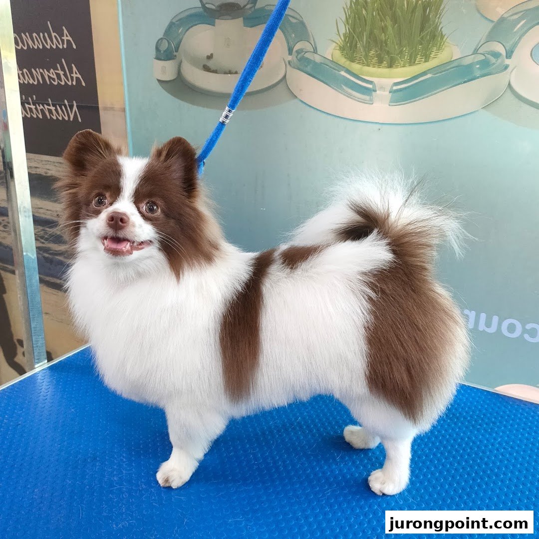 A fluffy brown and white dog stands on a blue grooming table.