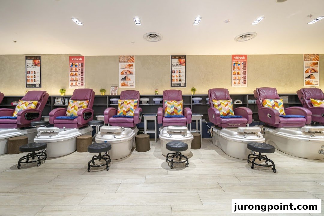 A row of comfortable purple pedicure chairs with foot spas in a modern nail salon.