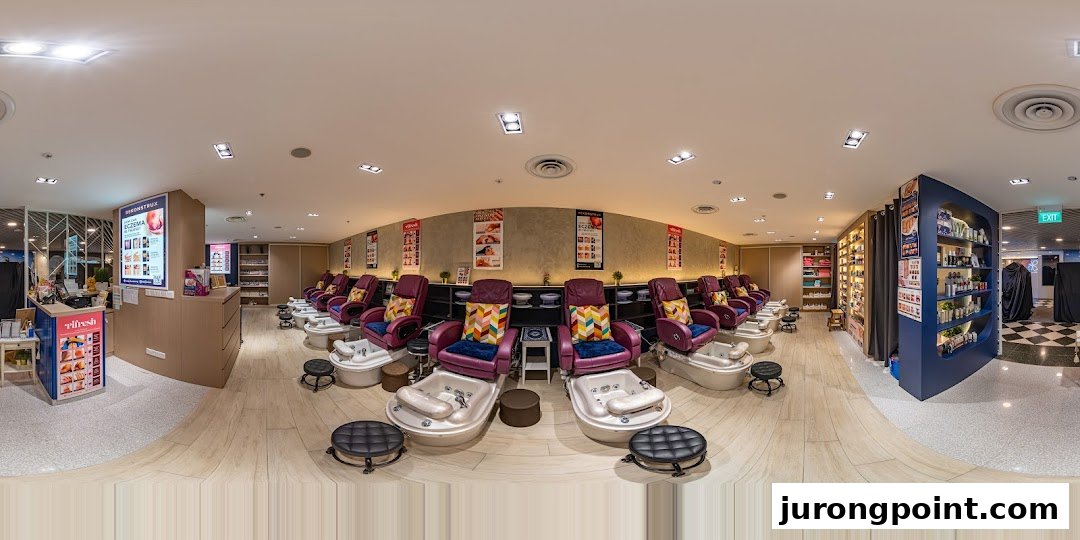 A wide-angle view of Pixie Nail Spa's interior, featuring multiple comfortable pedicure chairs and product displays.
