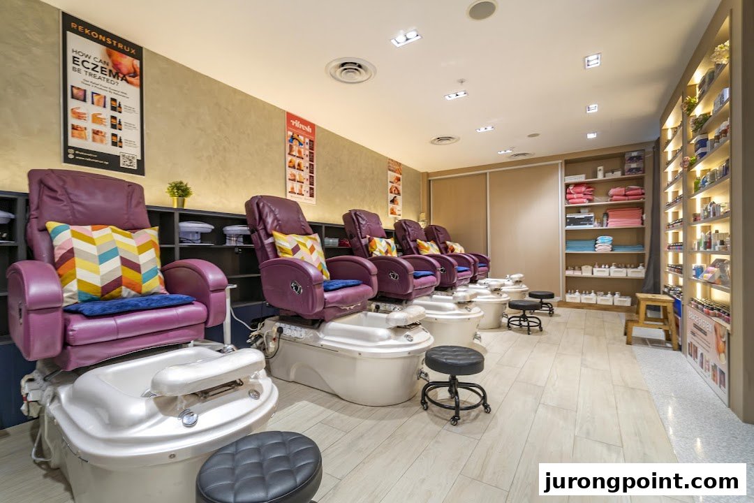 Interior view of Pixie Nail Spa featuring multiple comfortable pedicure stations with purple chairs.