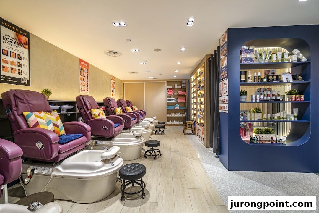 Interior view of Pixie Nail Spa featuring comfortable pedicure chairs and product displays.