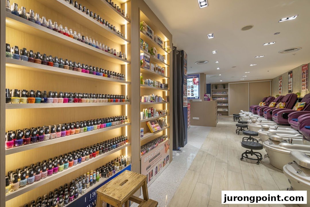 Interior view of Pixie Nail Spa, showcasing a vast collection of nail polishes and comfortable pedicure stations.