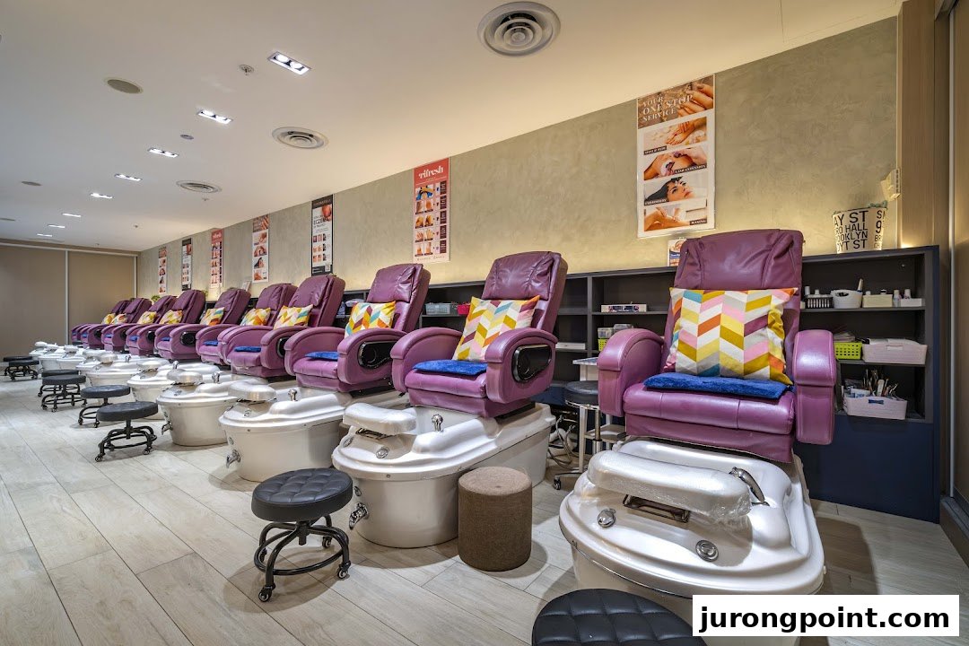 A row of comfortable purple pedicure chairs with foot baths and colorful pillows in a modern nail spa.