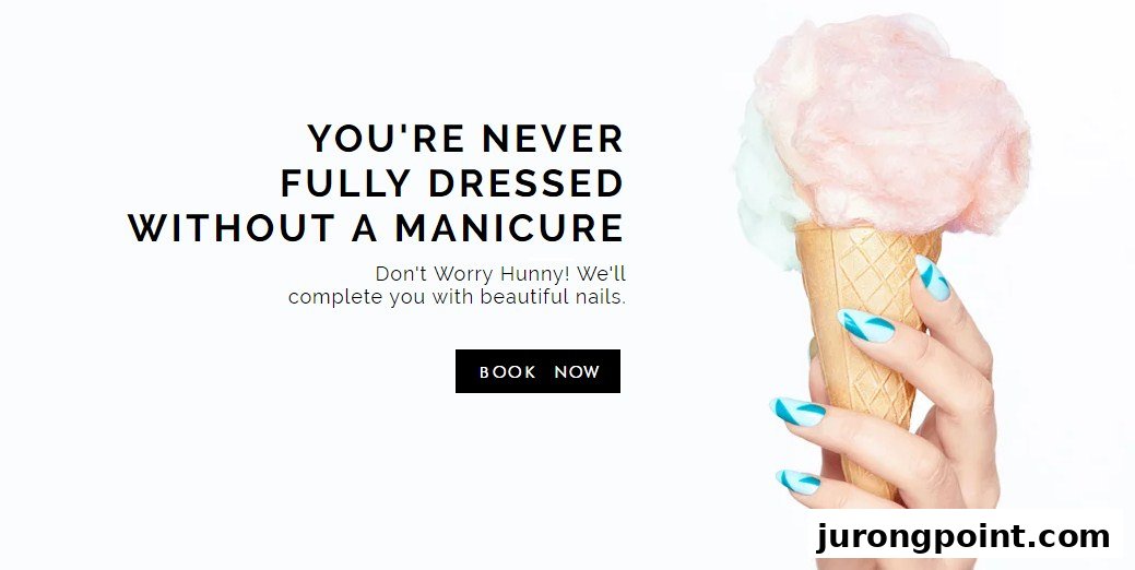 A hand with stylish blue manicured nails holds a cotton candy cone, alongside promotional text for manicures.