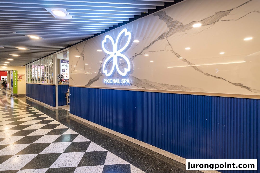The vibrant blue and white storefront of Pixie Nail Spa, featuring its glowing floral logo in a mall corridor.