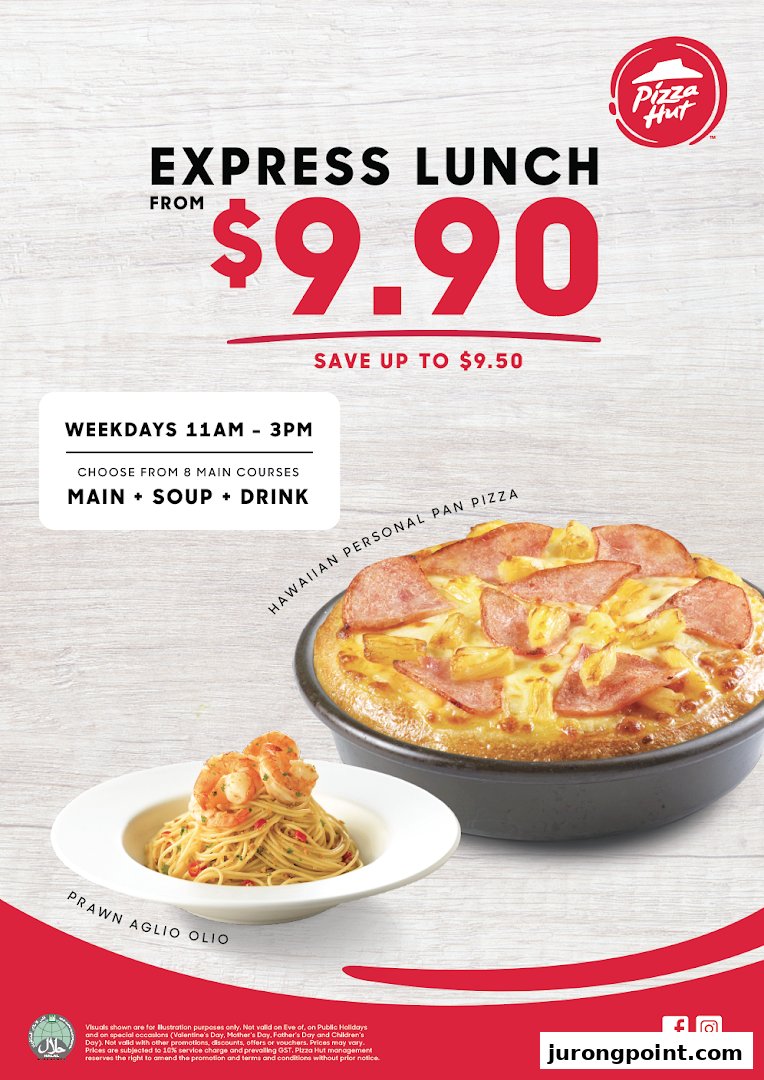 Pizza Hut's Express Lunch promotion featuring a Hawaiian Personal Pan Pizza and Prawn Aglio Olio.
