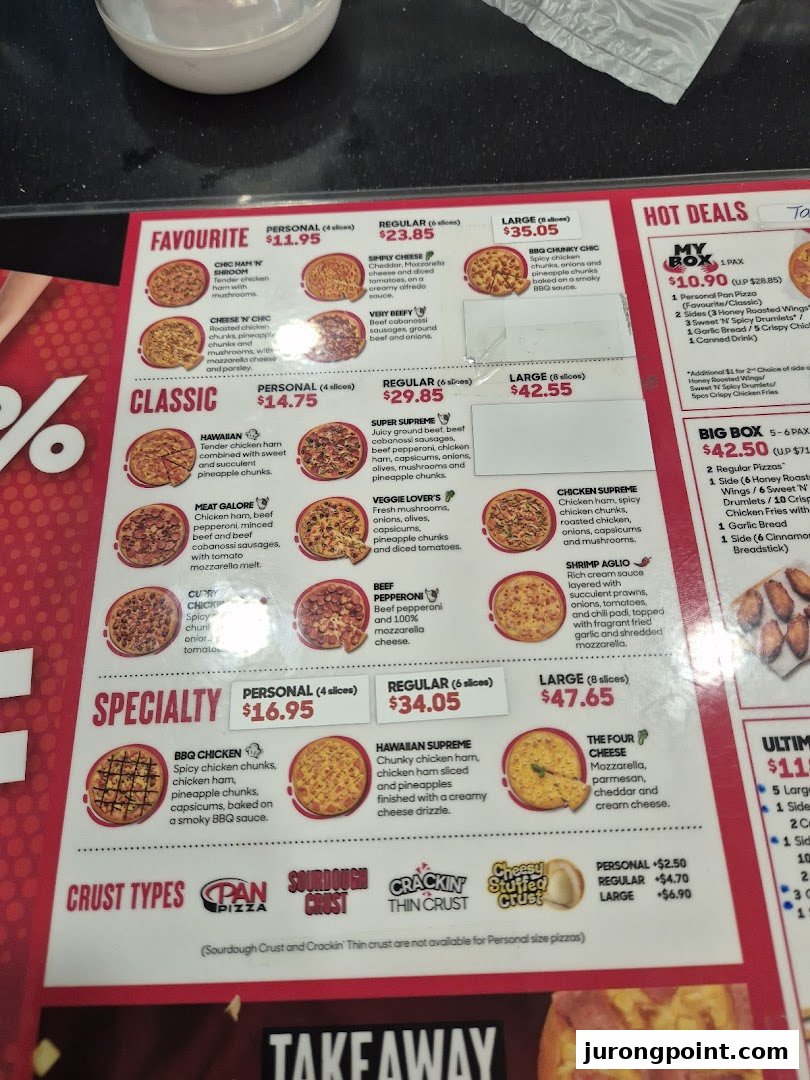 A detailed Pizza Hut menu displaying various pizza categories, sizes, prices, and special deals.