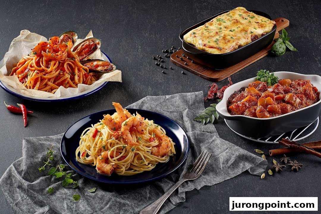 A vibrant spread of delicious pasta dishes, a baked casserole, and a savory stew.