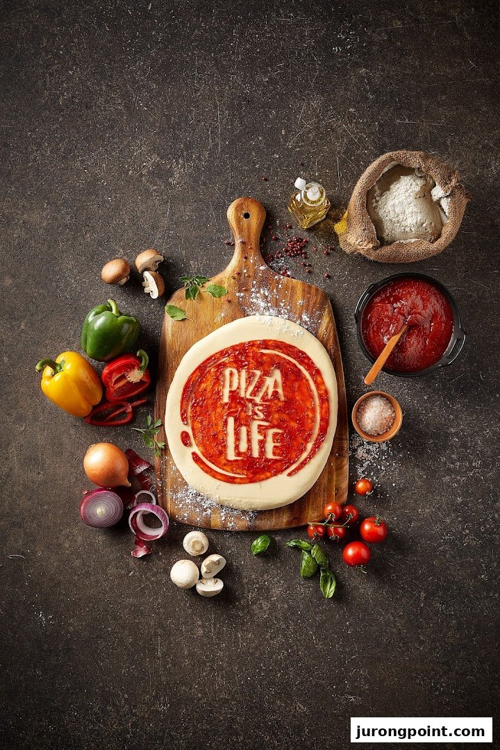 A flat lay of pizza ingredients surrounding dough with 'Pizza is Life' written in sauce.