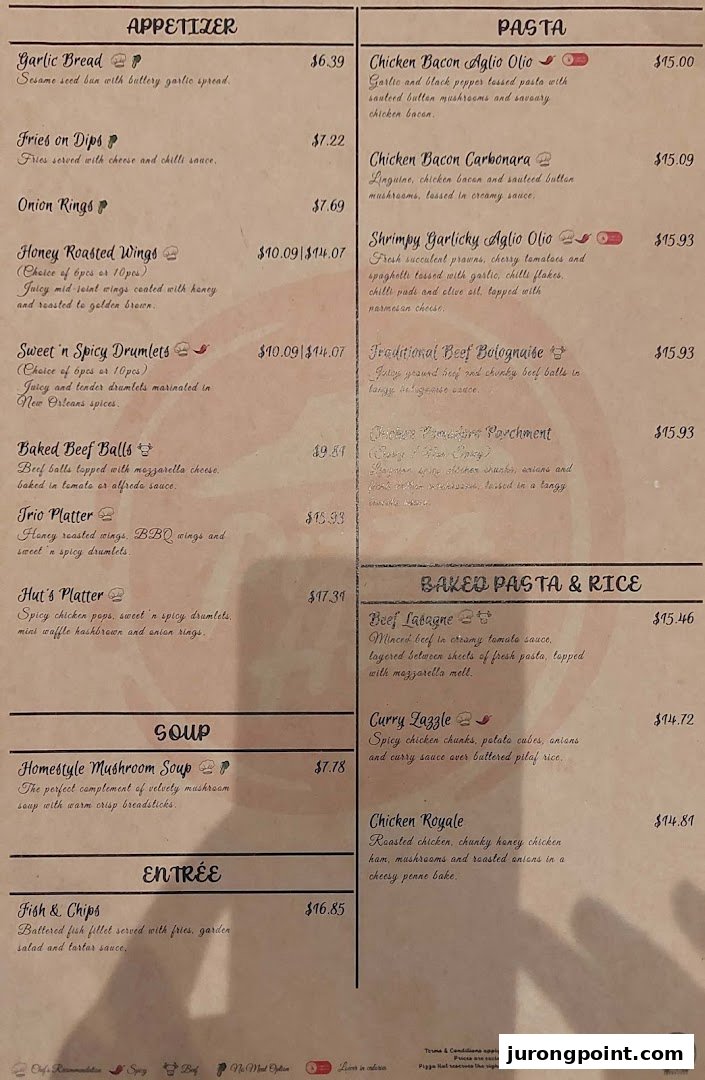 A detailed menu from Pizza Hut, showcasing a variety of appetizers, pastas, baked dishes, soup, and an entrée.