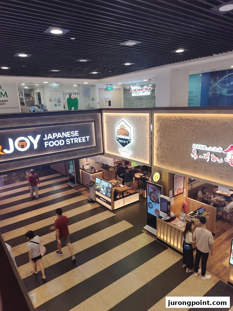 An overhead view of a bustling mall level featuring a medical clinic and Japanese food street.