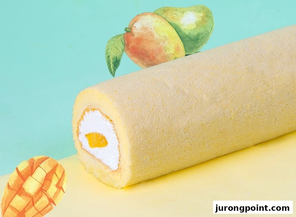 A delicious mango cake roll with creamy filling and fruit illustrations on a vibrant background.