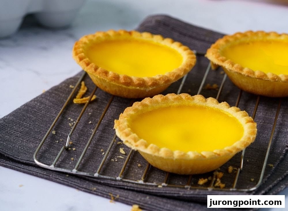 Three golden egg tarts with flaky crusts rest on a cooling rack, ready to be enjoyed.