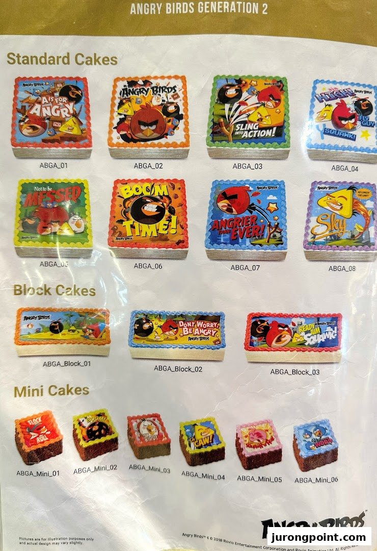 A catalog showcasing various Angry Birds themed cakes, including standard, block, and mini sizes.