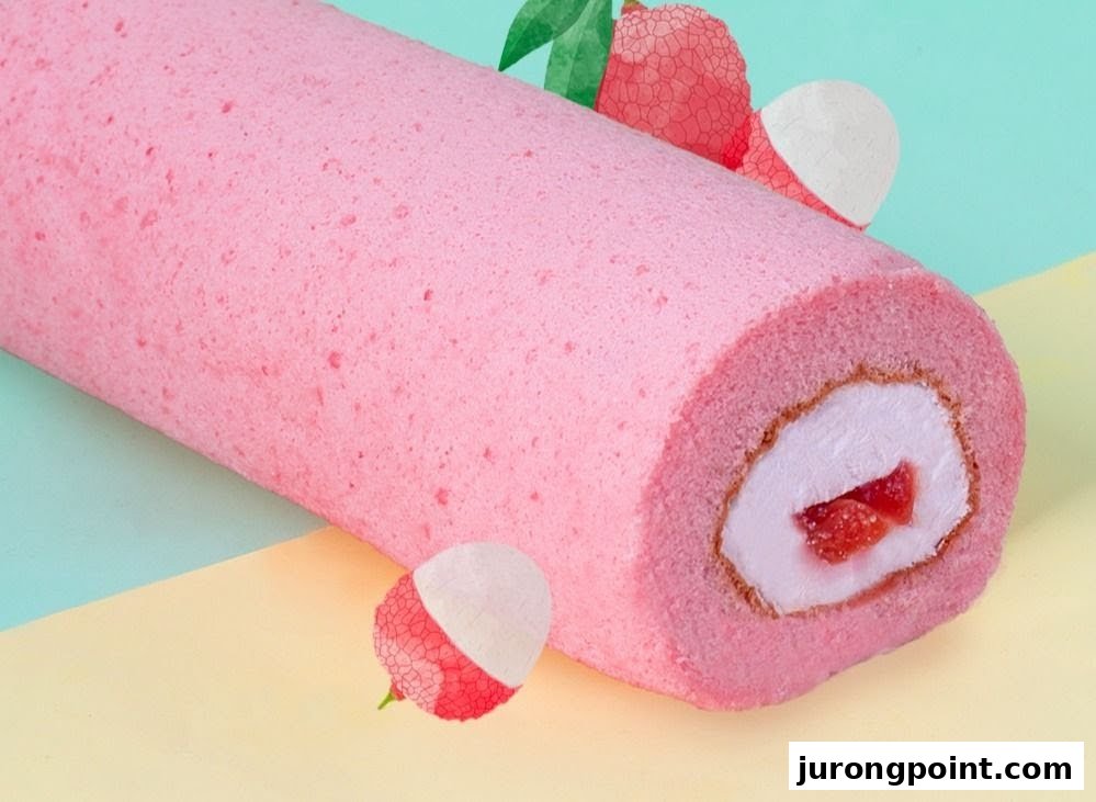 A vibrant pink cake roll with creamy filling and fruit pieces, adorned with lychee illustrations.