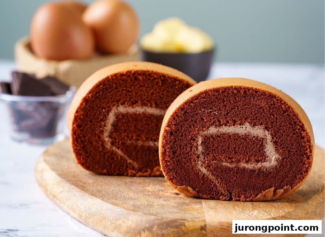 Two slices of a chocolate cake roll with cream filling on a wooden board, with baking ingredients in the background.