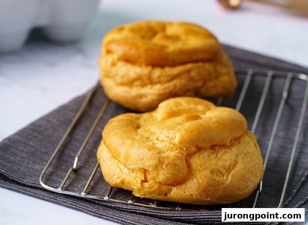 Two golden cream puffs rest on a cooling rack, ready to be enjoyed.