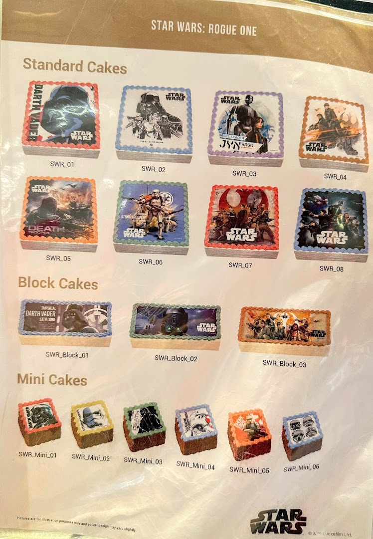 A menu displaying various Star Wars: Rogue One themed cakes, categorized by size, from Polar Puffs & Cakes.
