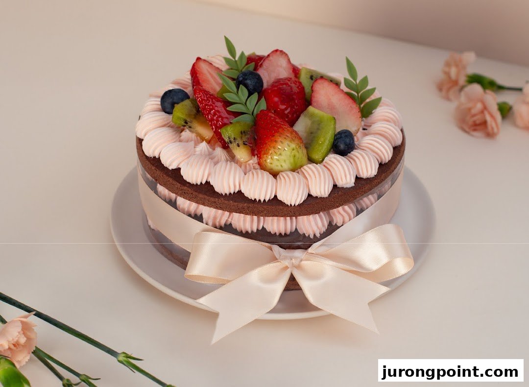 A chocolate cake with pink frosting, fresh berries, and kiwi, elegantly tied with a ribbon.