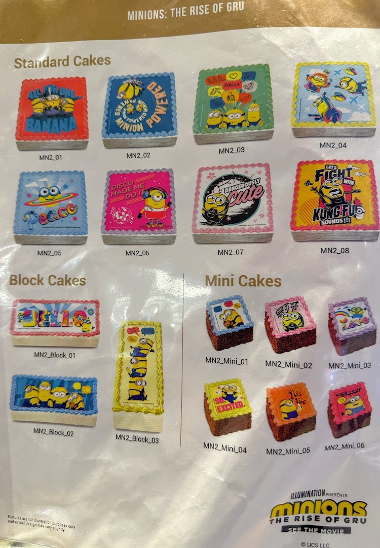 A menu displaying various Minions-themed cakes, categorized into standard, block, and mini sizes.