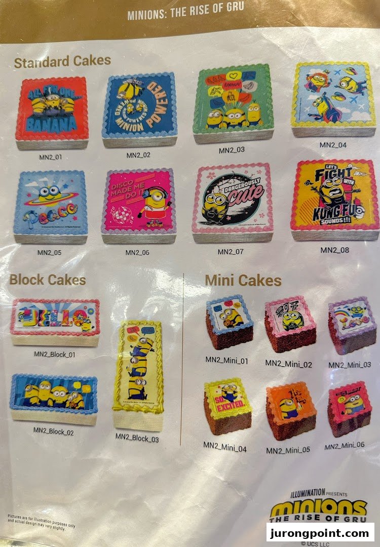 A menu displaying various Minions-themed cakes, categorized into standard, block, and mini sizes.