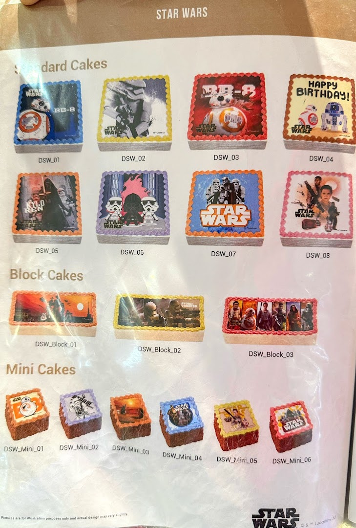 A menu page displaying various Star Wars themed cakes, including standard, block, and mini sizes.