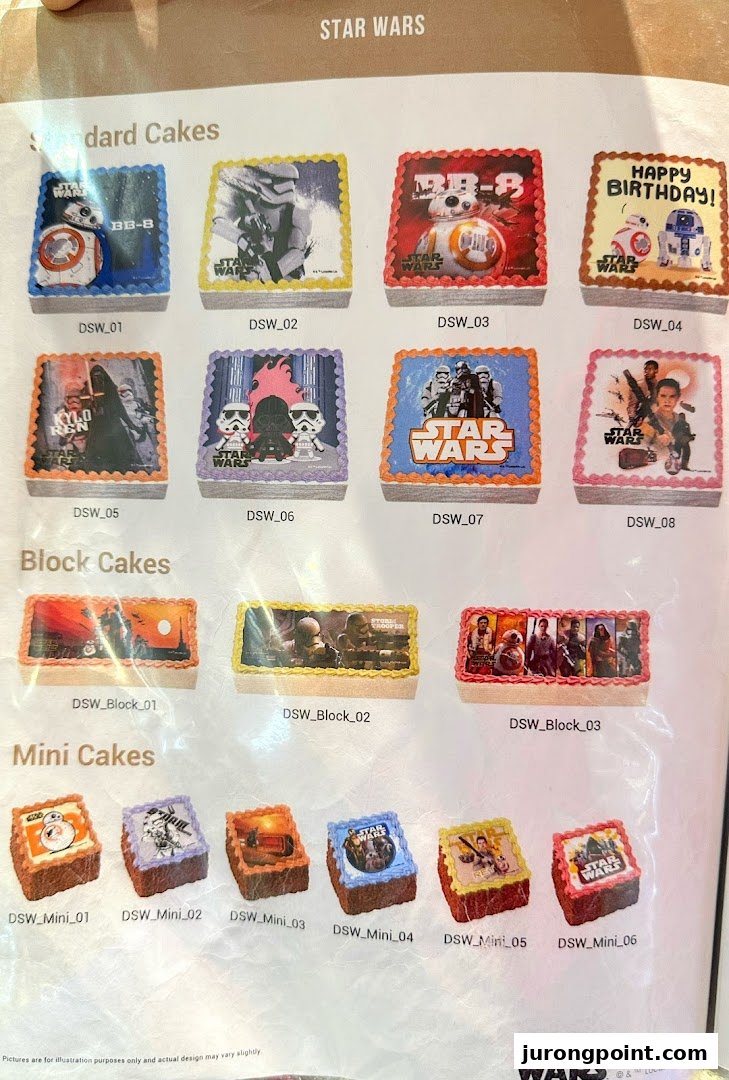 A menu page displaying various Star Wars themed cakes, including standard, block, and mini sizes.