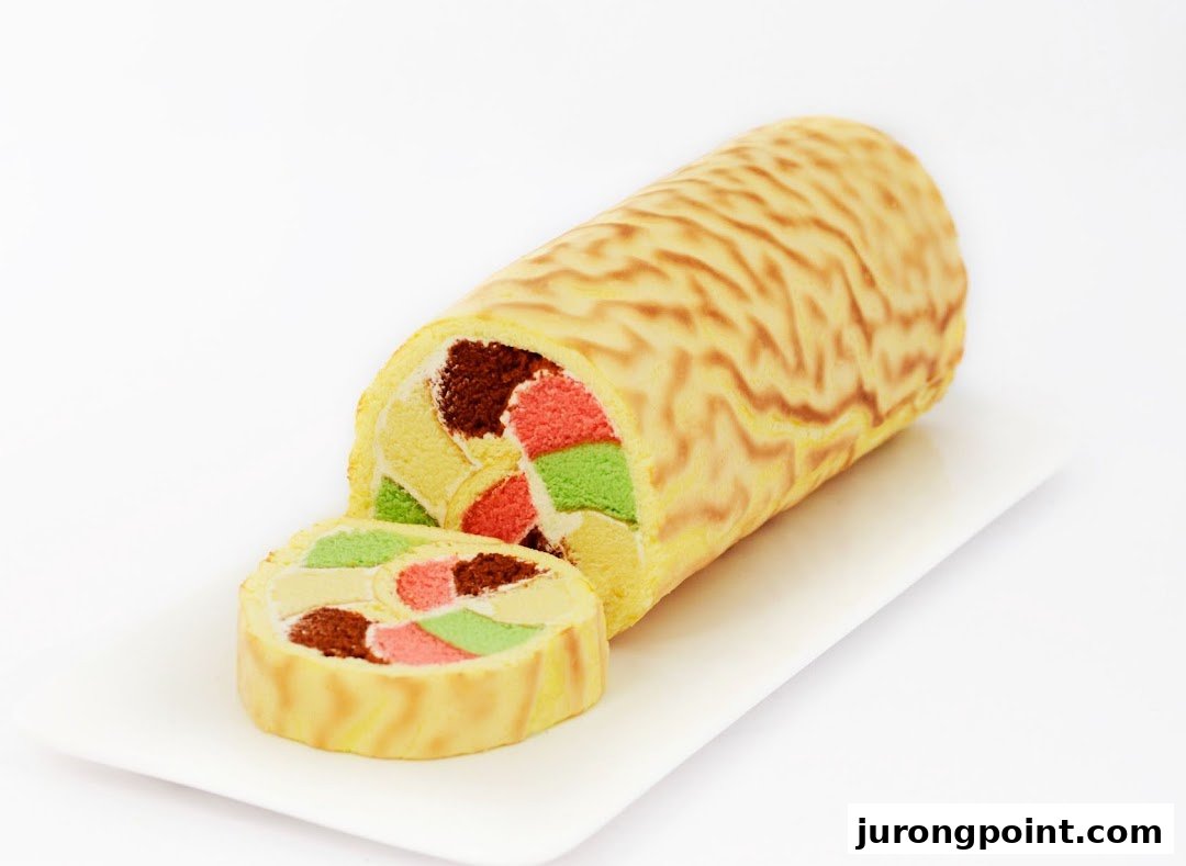 A vibrant, sliced cake roll with colorful patterns on a white plate.