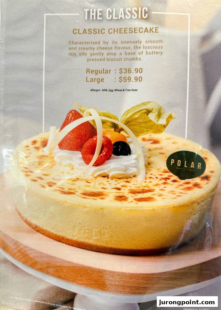 A menu display featuring Polar Puffs & Cakes' Classic Cheesecake with description and pricing.
