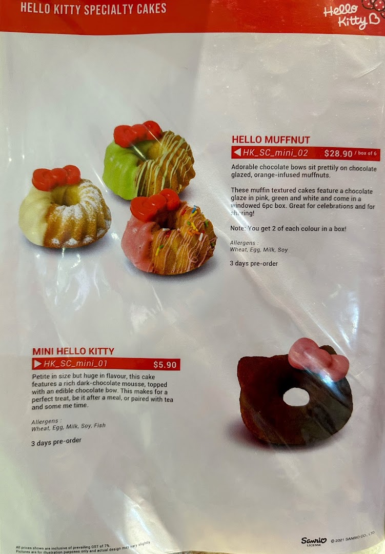 A menu displaying Hello Kitty specialty cakes and muffnuts with prices and descriptions from Polar Puffs & Cakes.