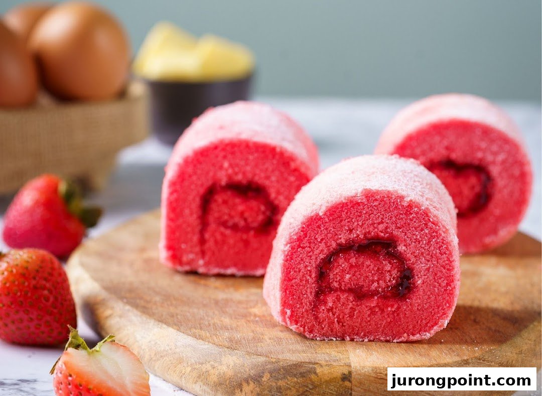 Three vibrant red cake rolls, dusted with powdered sugar, are displayed on a wooden board with fresh strawberries.