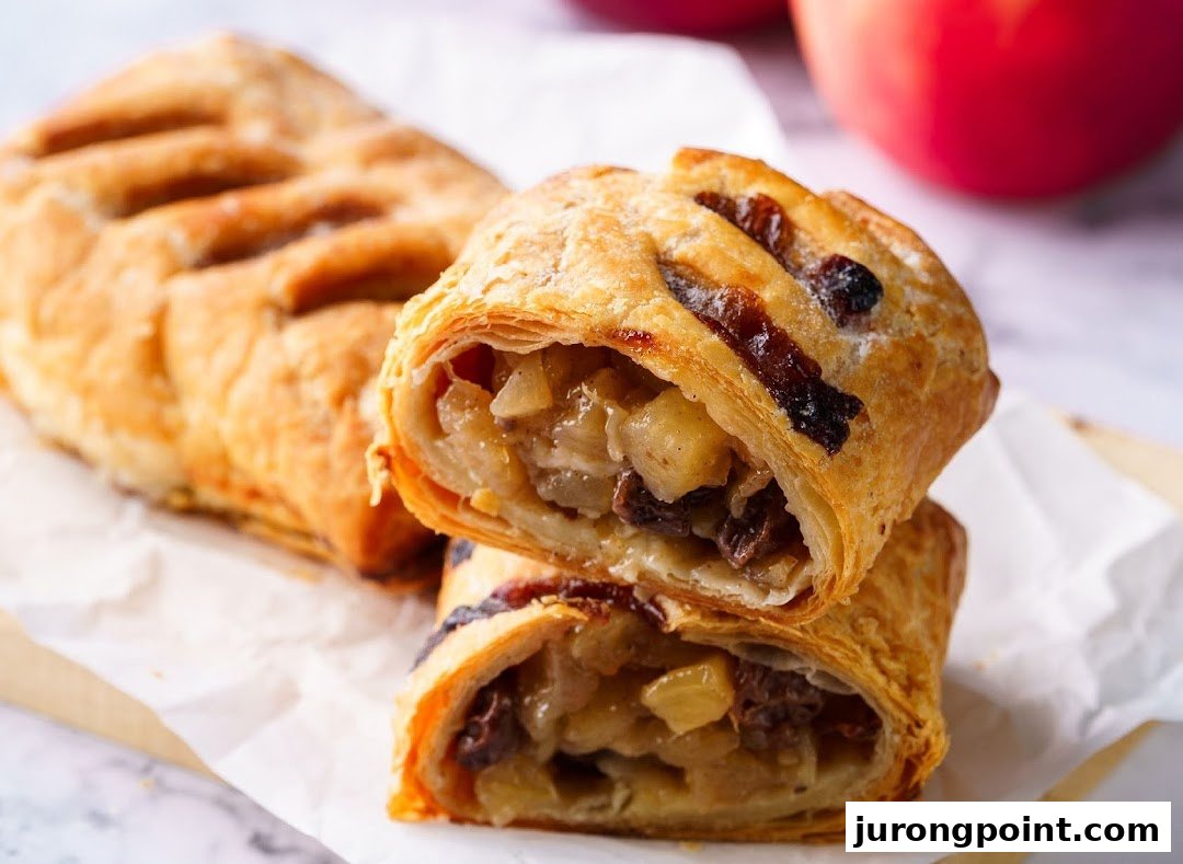 A close-up of a golden-brown pastry, cut open to reveal a sweet fruit and raisin filling.