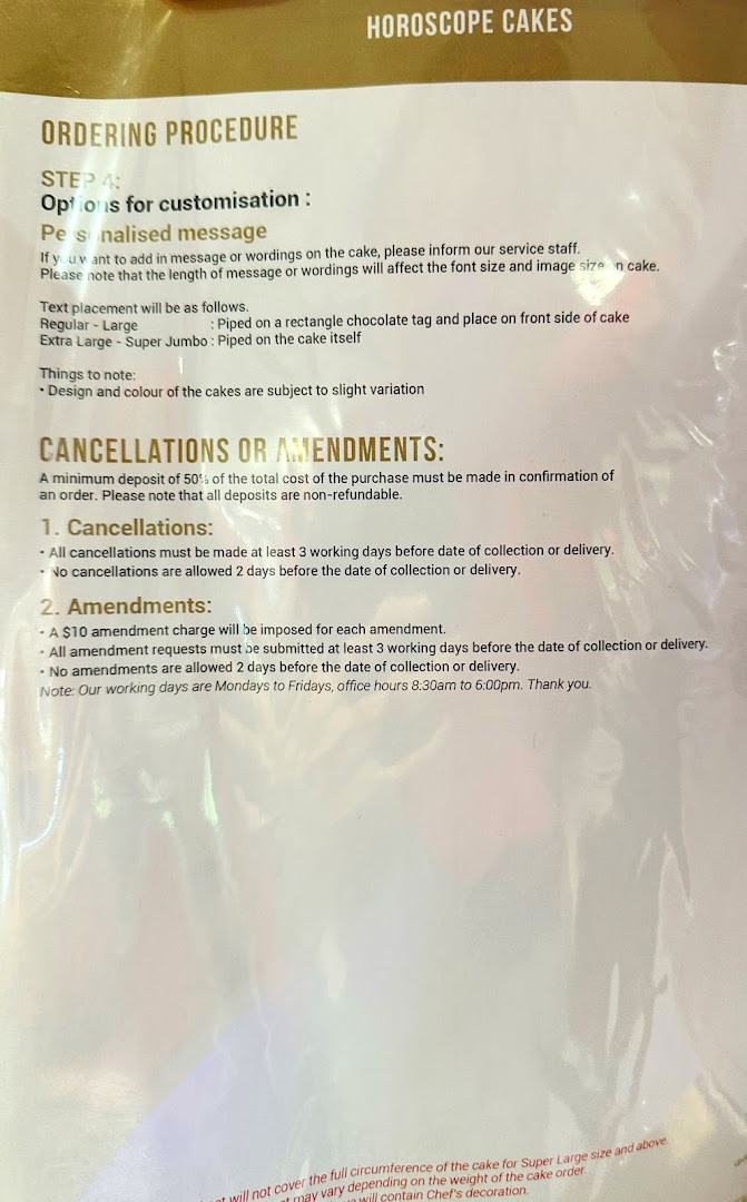 A detailed information sheet outlining ordering procedures, customization options, and cancellation policies for cakes.