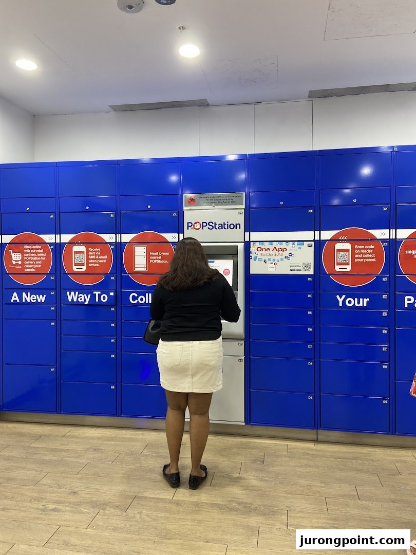 A person interacts with a POPStation parcel locker system, offering convenient collection and delivery services.