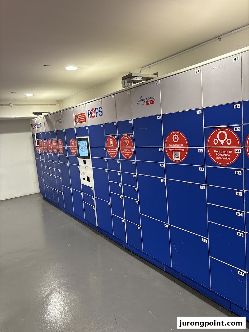 A long row of blue and white POPStation parcel lockers with a central interactive kiosk.